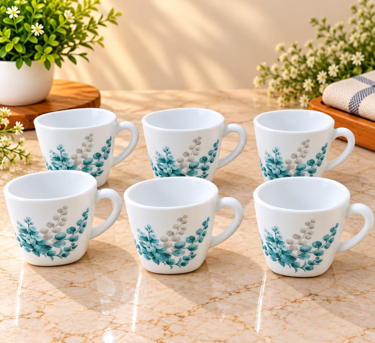 Cello Vogua Aqua Leaves Cups Set of 6, 100 ml Small Tea & Coffee Cups with Elegant Floral Design for Home, Office & Gifting