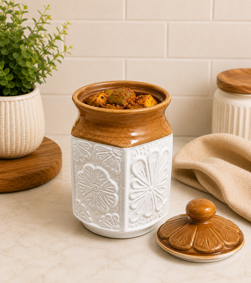 Barniwala 1500 ML Ceramic Carving Storage Jar with Lid | Premium Decorative Kitchen Container for Pickle, Achar, Spices, Sugar, Tea, Coffee, Dry Fruits & Snacks | Stylish Pantry Organizer & Food Storage Canister