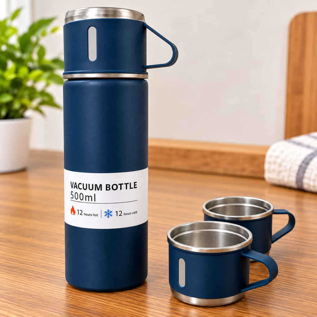 Vacuum Flask Set 500ML with 3 Stainless Steel Cups | Double Wall Insulated Thermos Bottle Set | Hot & Cold Water Flask for Home, Office & Travel