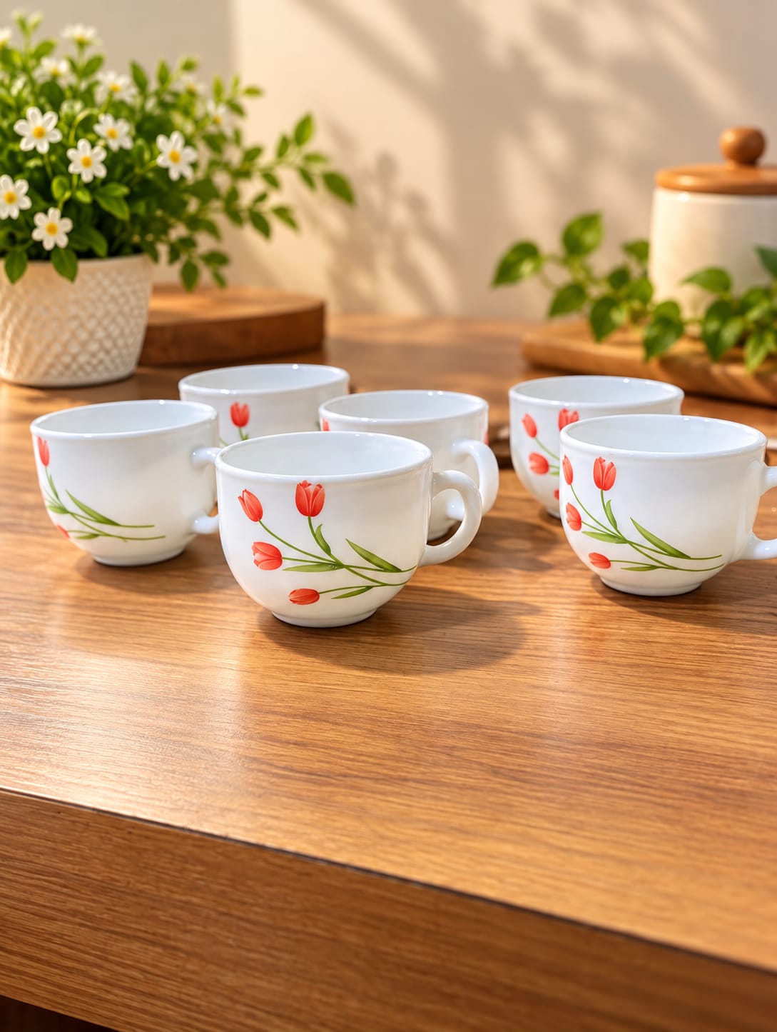 La Opala Radiant Curves Cup Set of 6, 100 ML Each | Premium White Cups with Red Floral Design | Elegant Tea & Coffee Cups for Home and Office