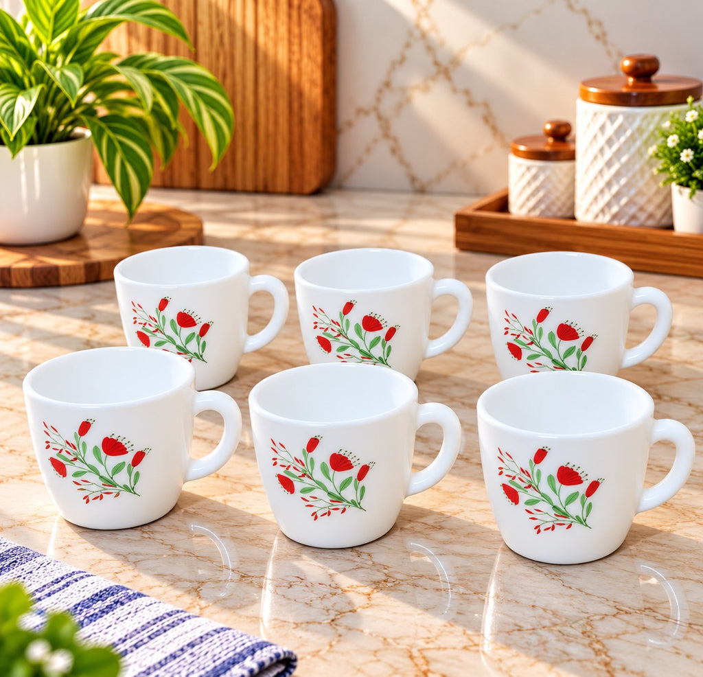Cello Ricca Red Flora Look Cups Set of 6, 100 ml Each, White Cups with Red Floral Design, Tea Coffee Milk Serving Cups