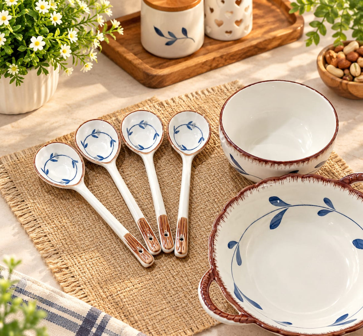 Coral Series Ceramic Bowls & Spoons Set of 9 | Elegant Blue Leaf Pattern Tableware Set | 4 Ceramic Serving Bowls with 4 Spoons & 1 Serving Dish | Breakfast, Snacks, Dessert, Soup & Everyday Dining Set