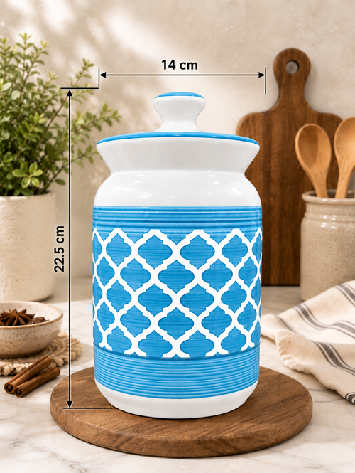 2000 ML Ceramic Storage Jar with Lid | Blue & White Decorative Cylindrical Kitchen Container | Airtight-Style Covered Canister for Dry Fruits, Spices, Tea, Coffee & Dry Food Storage
