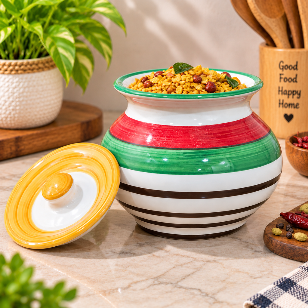Barniwala 450 ML Ceramic Handi Loota Storage Jar with Lid | Traditional Indian Handi Design Kitchen Container for Pickle, Achar, Spices, Sugar, Tea, Coffee, Dry Fruits & Snacks | Decorative Pantry Organizer