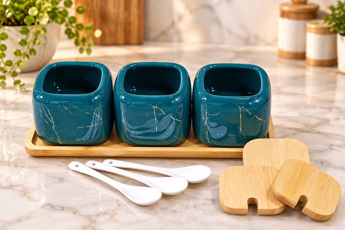 Barniwala Green Ceramic Spice Jar Set of 3 with Bamboo Lids & Serving Spoons | Premium Kitchen Masala Storage Containers | Stylish Spice Jars for Salt, Pepper, Turmeric, Chilli, Herbs & Seasonings