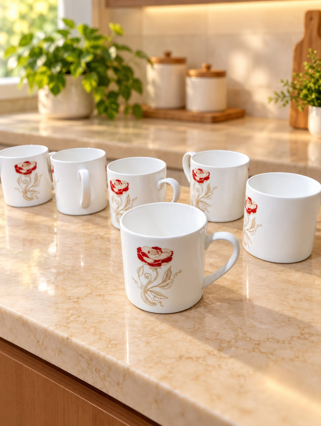 Clay Craft Cup Set 6 Pcs 200 ML Mini Raja 039 | White Tea & Coffee Cups with Red Rose Floral Design | Stylish Mini Cups for Tea, Coffee & Serving