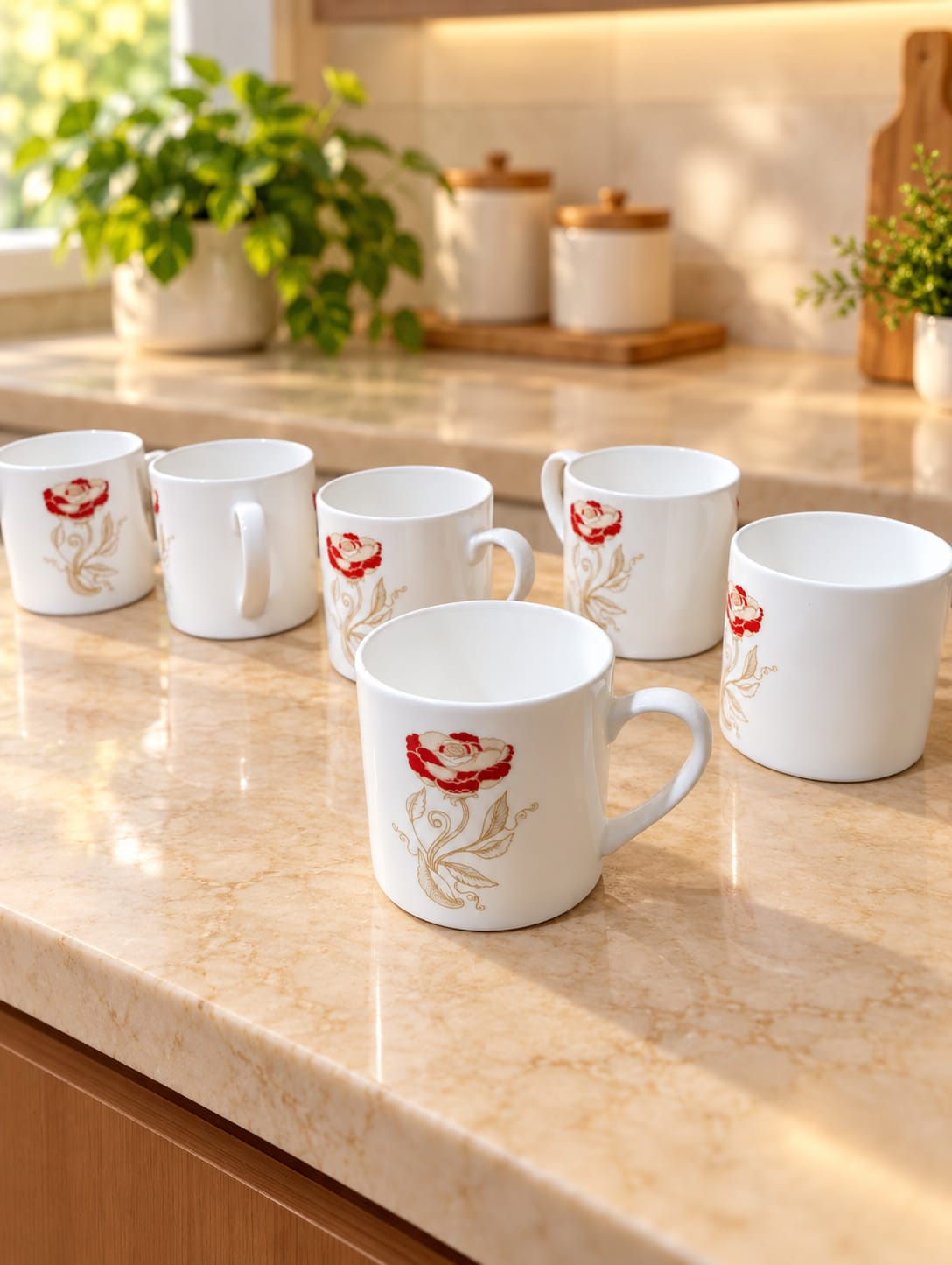 Clay Craft Cup Set 6 Pcs 200 ML Mini Raja 039 | White Tea & Coffee Cups with Red Rose Floral Design | Stylish Mini Cups for Tea, Coffee & Serving