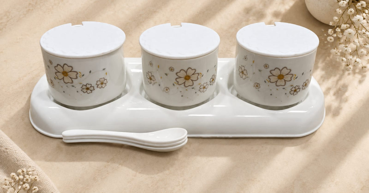Barniwala Ceramic Storage Jars with Lids, Pack of 3 | Premium Floral Kitchen Containers with Serving Tray & Spoons | Multipurpose Spice, Dry Fruit, Sugar, Tea, Coffee & Snack Storage Set