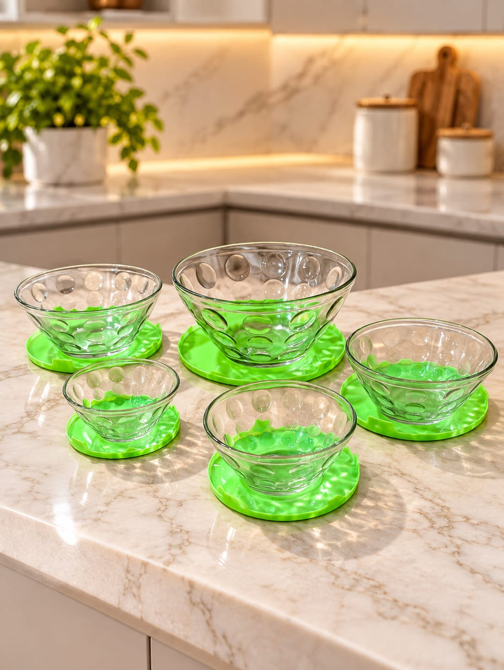 Polka Dot Pattern Glass Bowl Set Of 5 | Decorative Glass Serving Bowls with Green Base | Kitchen, Dining & Dessert Serving Bowls