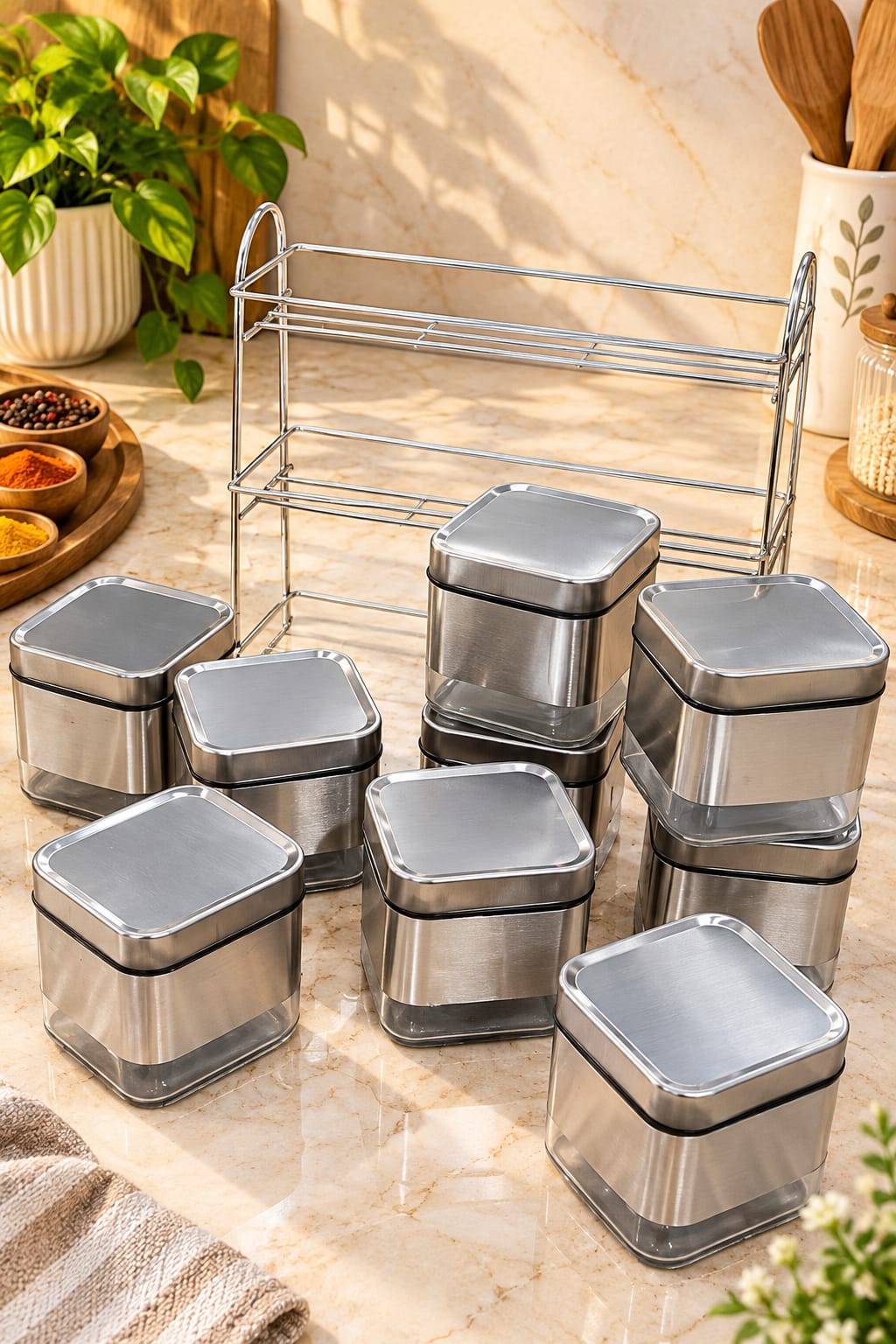 Barniwala 9 Pcs Steel & Glass Canister Set with Lids | Premium Kitchen Storage Containers for Tea, Coffee, Sugar, Spices, Dry Fruits, Pulses & Snacks | Modern Pantry Organizer