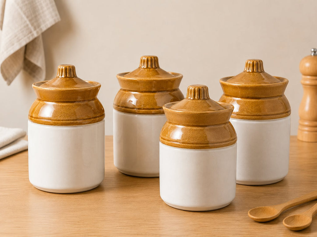 Barniwala 200 ML Ceramic Cylindrical Storage Jar with Lid | Premium Kitchen Container for Pickle, Achar, Spices, Sugar, Tea, Coffee, Dry Fruits & Snacks | Stylish Pantry Organizer & Food Storage Canister