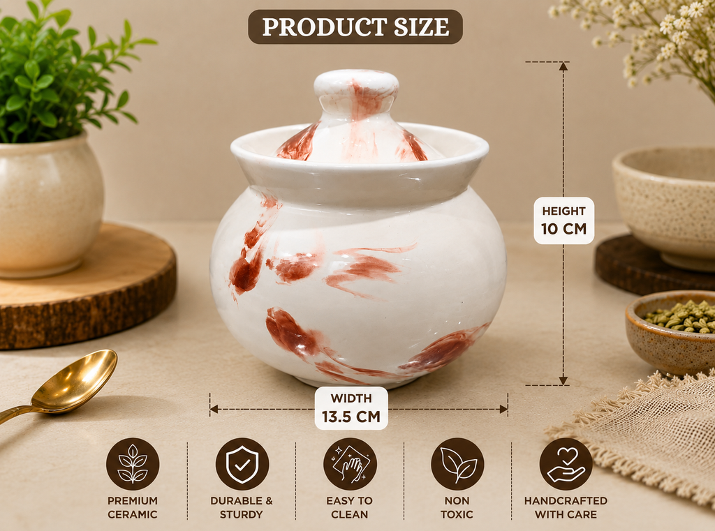 Barniwala 350 ML Ceramic Marbled Handi Storage Jar with Lid | Pack of 2 | Decorative Kitchen Canister for Pickle, Spices, Sugar, Tea, Coffee, Dry Fruits & Snacks