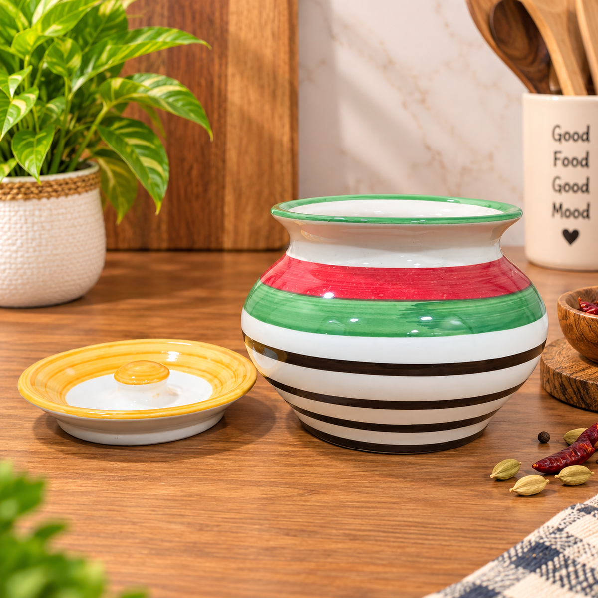 Barniwala 450 ML Ceramic Handi Loota Storage Jar with Lid | Traditional Indian Handi Design Kitchen Container for Pickle, Achar, Spices, Sugar, Tea, Coffee, Dry Fruits & Snacks | Decorative Pantry Organizer
