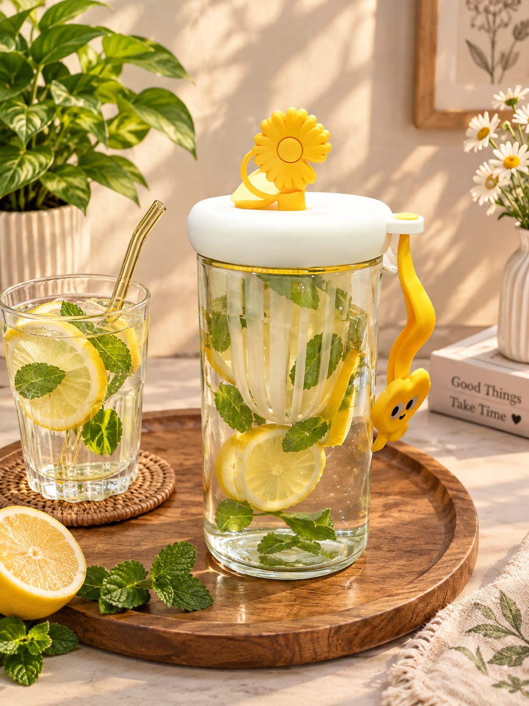 Lemon Cold Extraction Cup Pack of 1 | Glass Infuser Drinking Cup with Lemon & Mint Infuser, Lid, Straw & Handle | Fruit Infusion Water Bottle for Juice, Detox Water & Cold Beverages