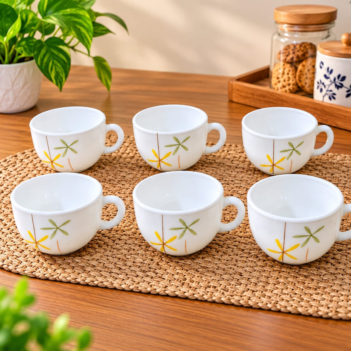 La Opala Autumn Flowers Cup Set of 6, 100 ml Each | Elegant Floral Design Tea & Coffee Cups | Premium White Opalware Cups for Home, Kitchen & Gifting