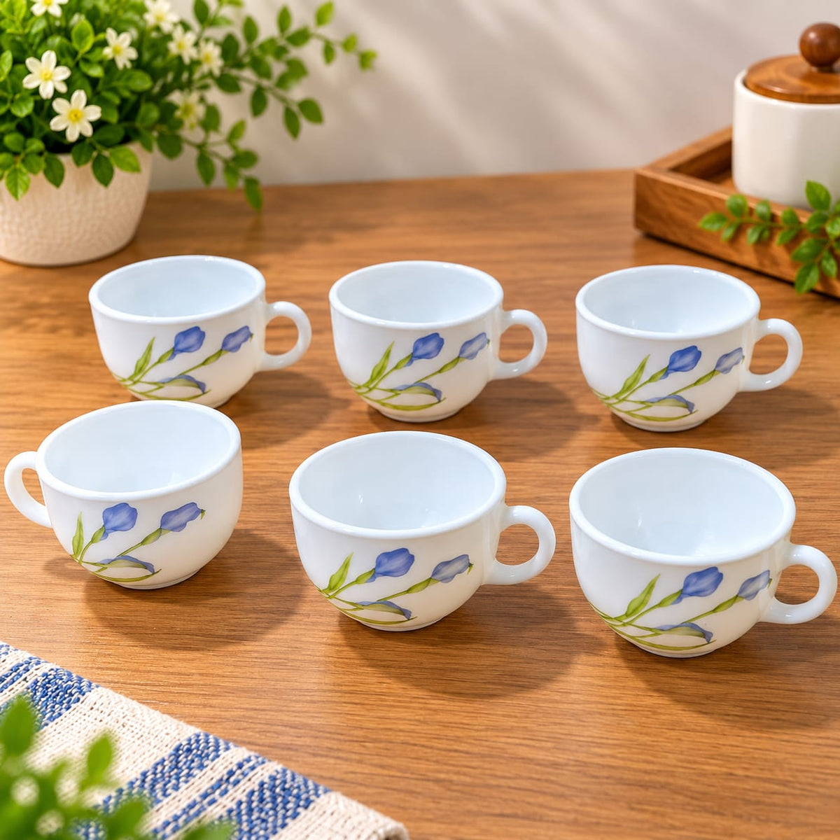 La Opala Tender Trio Cup Set of 6 Pieces, 100 ML Each | White Opalware Tea & Coffee Cups with Elegant Blue Floral Design