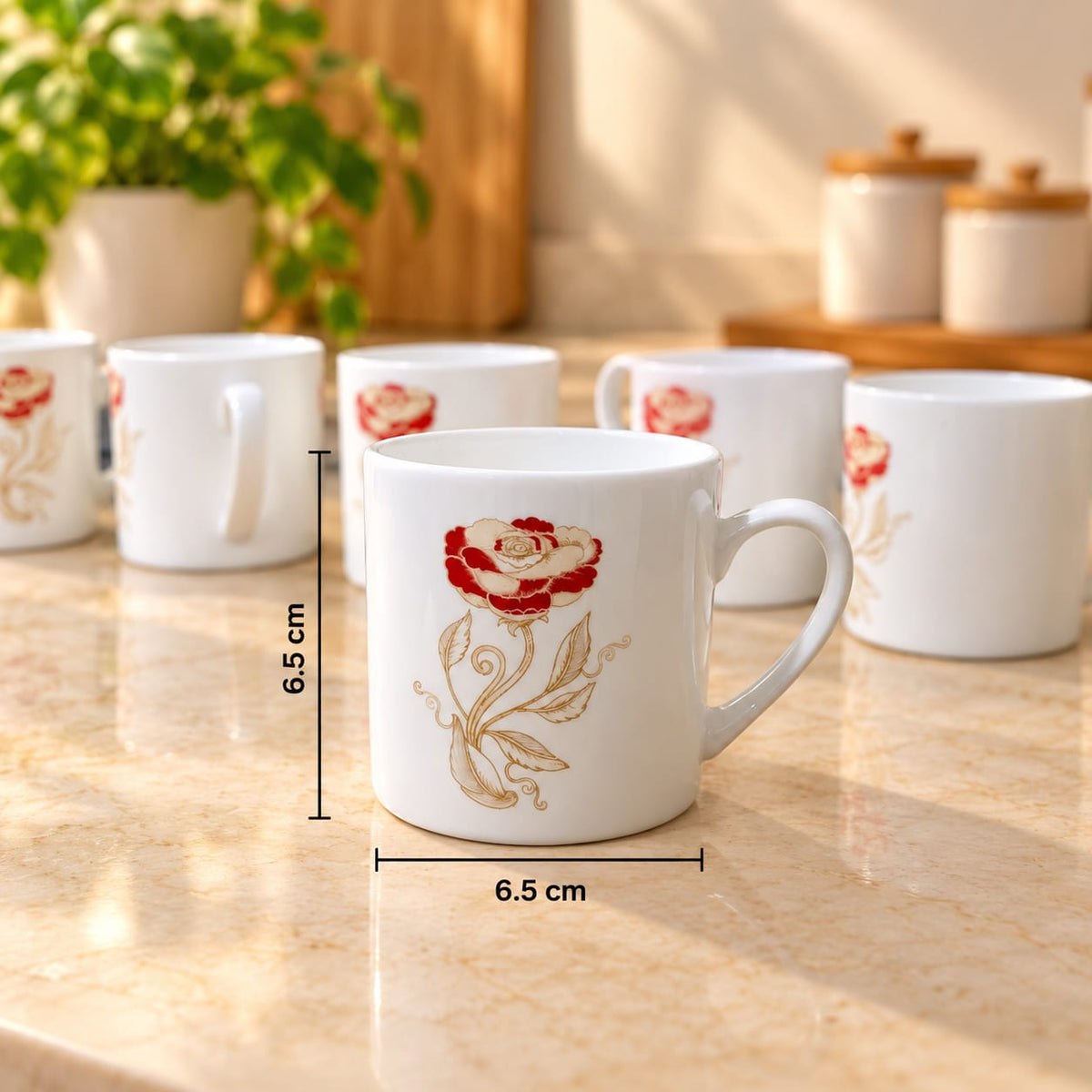 Clay Craft Cup Set 6 Pcs 200 ML Mini Raja 039 | White Tea & Coffee Cups with Red Rose Floral Design | Stylish Mini Cups for Tea, Coffee & Serving