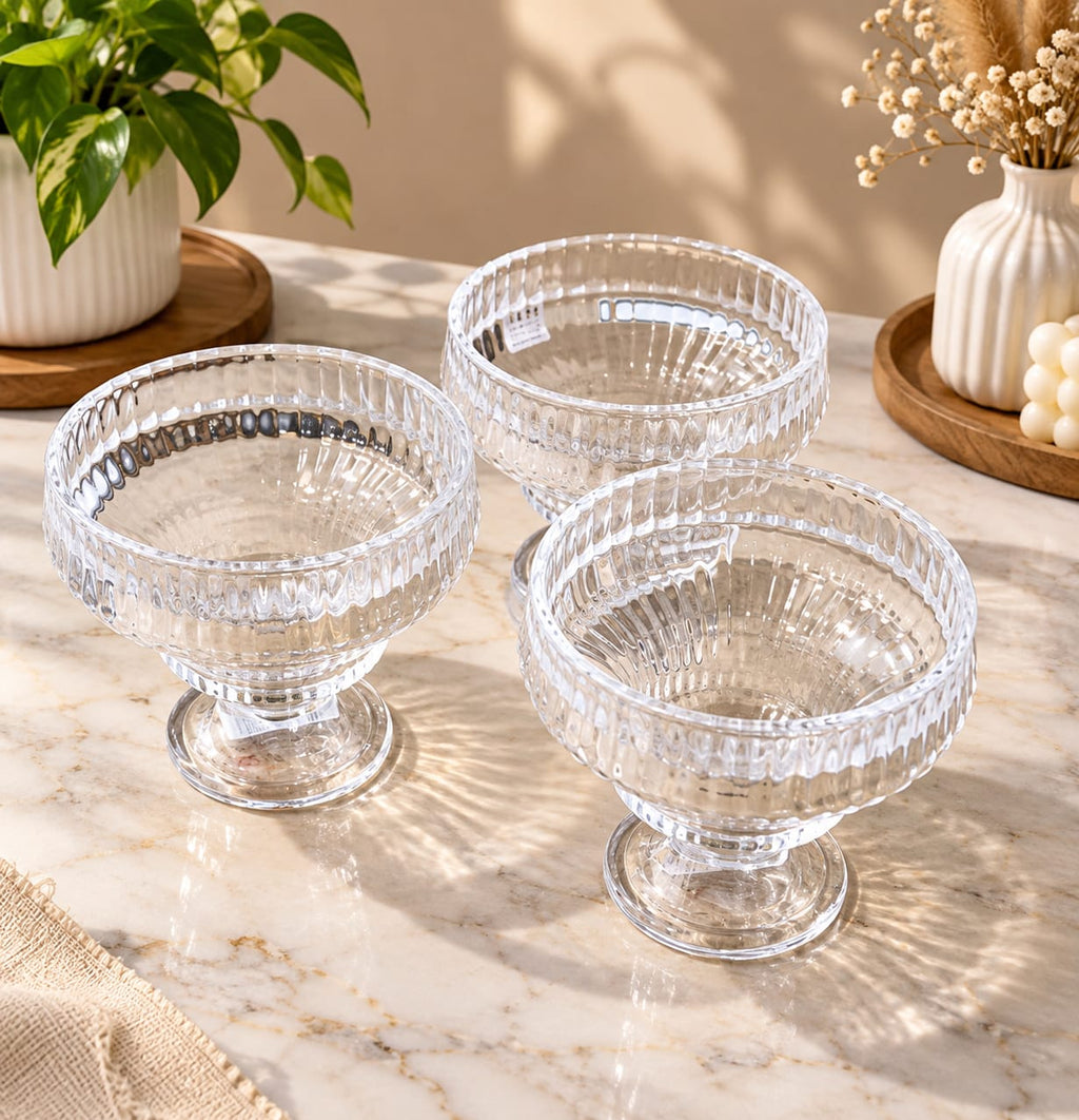 YUJING Glass Dessert Bowls Set of 3 | Elegant Ribbed Crystal Glass Ice Cream & Pudding Bowls | Dessert Cups for Ice Cream, Mousse, Custard, Fruit, Snacks & Sweets | Stylish Serving Bowls for Home & Parties