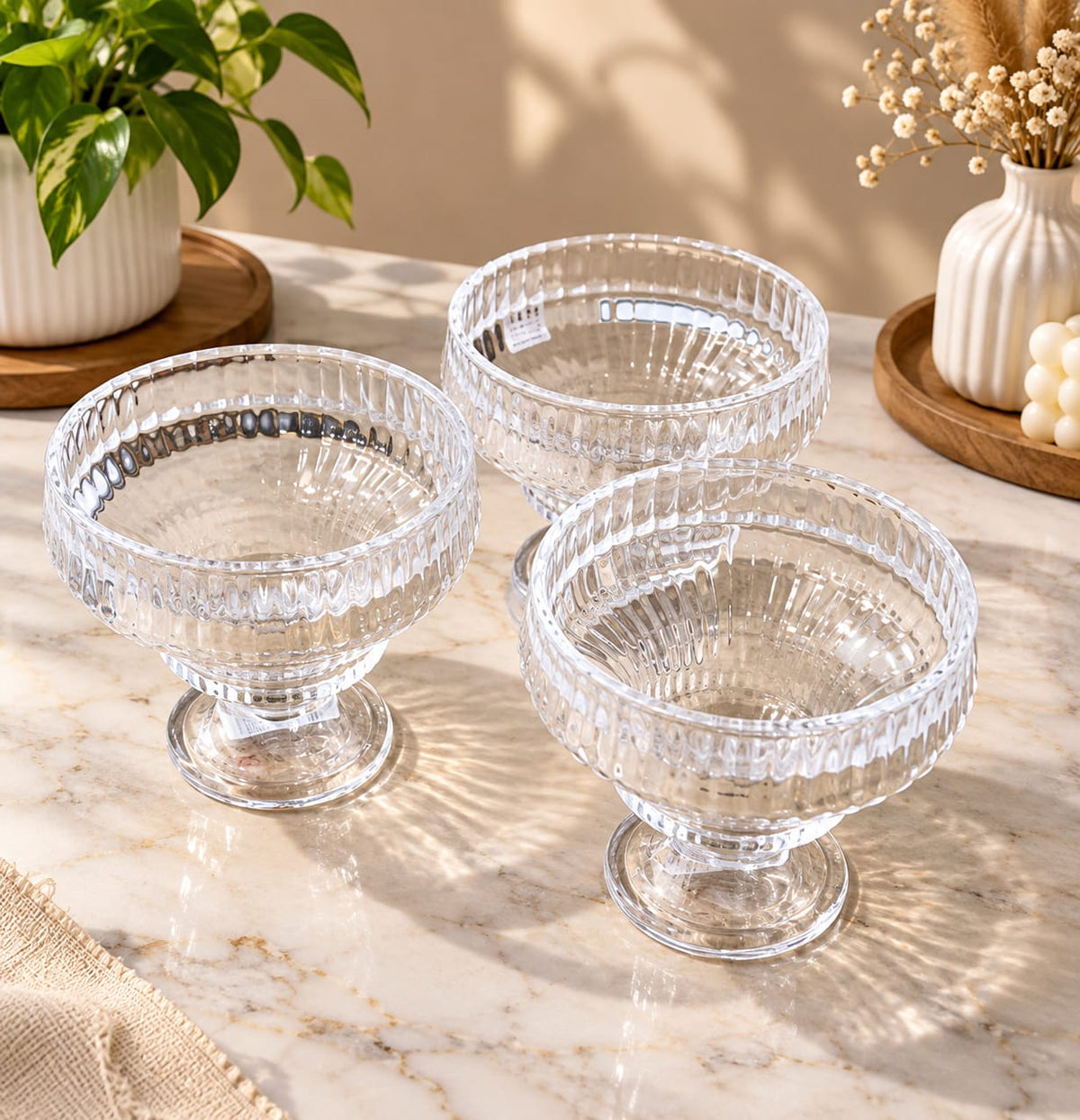 YUJING Glass Dessert Bowls Set of 3 | Elegant Ribbed Crystal Glass Ice Cream & Pudding Bowls | Dessert Cups for Ice Cream, Mousse, Custard, Fruit, Snacks & Sweets | Stylish Serving Bowls for Home & Parties