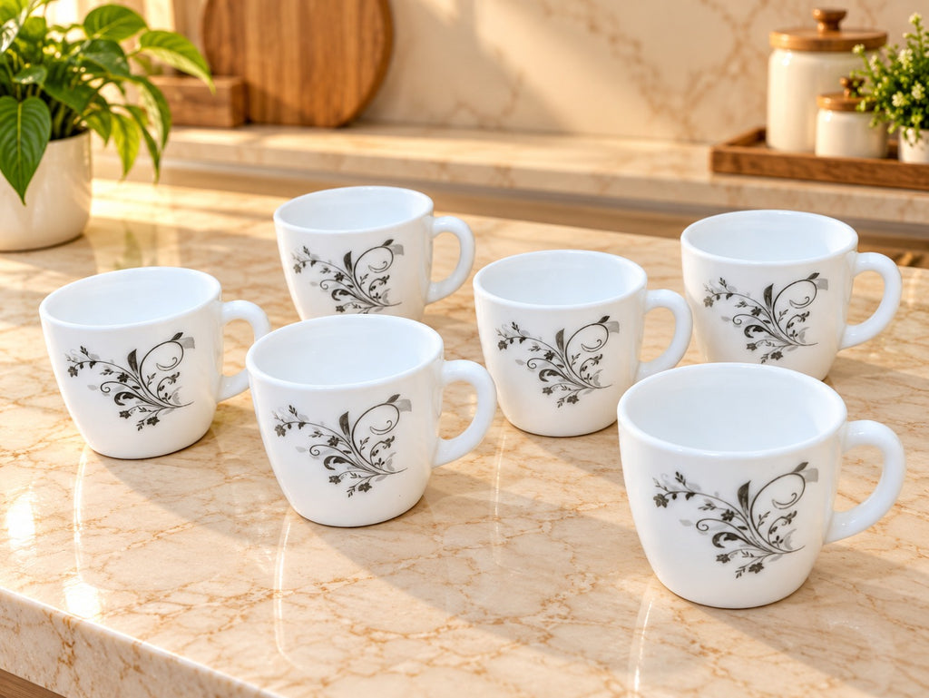 Cello Ricca Black Swirl Tea Cups Set of 6, 100 ML Each, White Cups with Elegant Black Floral Design for Tea, Coffee & Serving