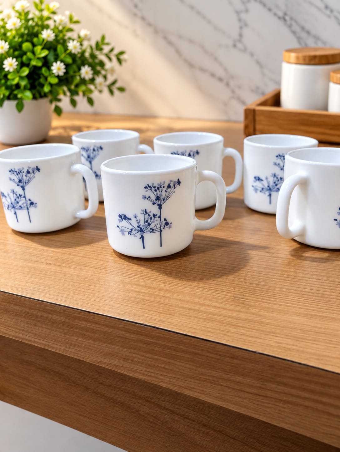 La Opala Aqua Spray Cup Set of 6, 120 ML | Elegant Blue Floral Printed Tea & Coffee Cups | White Ceramic Cups for Home, Office & Gifting
