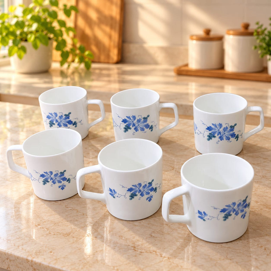 Clay Craft Coffee Cup Big 6 Pcs Set, 250 ML, Tea & Coffee Mugs with Blue Floral Design – Director 052