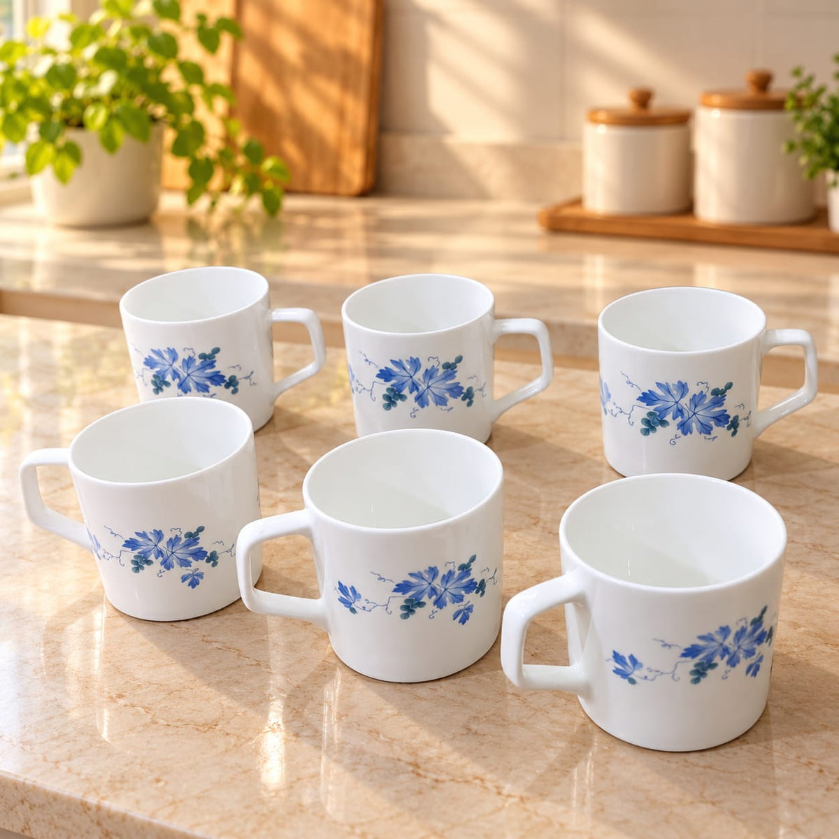Clay Craft Coffee Cup Big 6 Pcs Set, 250 ML, Tea & Coffee Mugs with Blue Floral Design – Director 052
