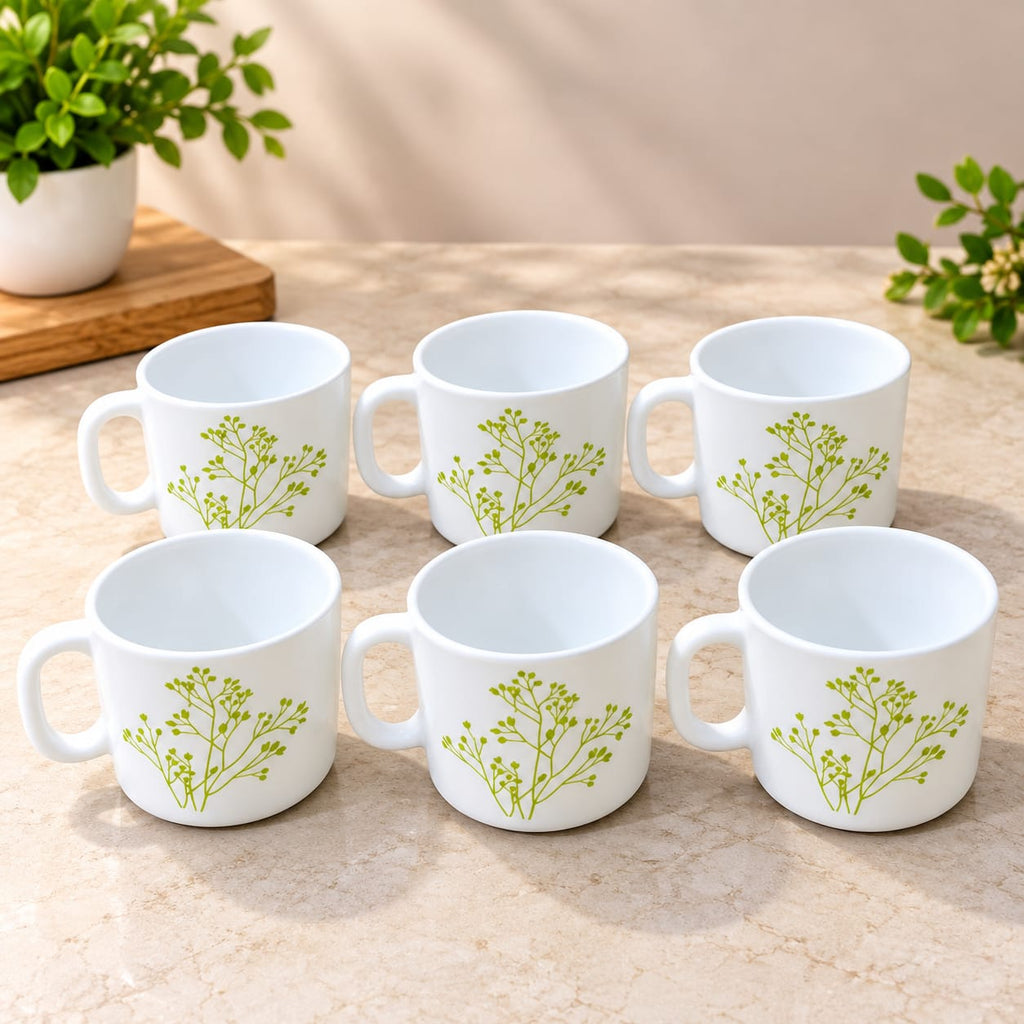 La Opala Blissfull Green Cup Set of 6, 120 ML Each | Elegant White Cups with Green Botanical Design | Stylish Tea, Coffee & Beverage Cups