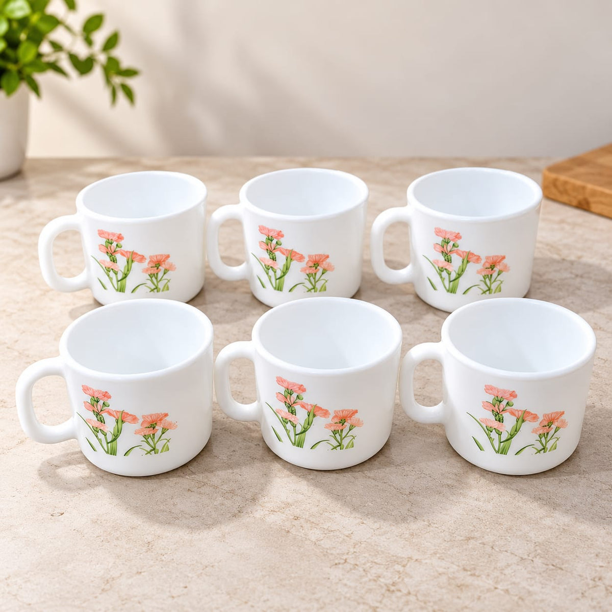 La Opala Pink Florets Cup Set of 6, 120 ML Each | White Floral Printed Tea & Coffee Cups | Elegant Drinkware Set for Home, Office & Gifting