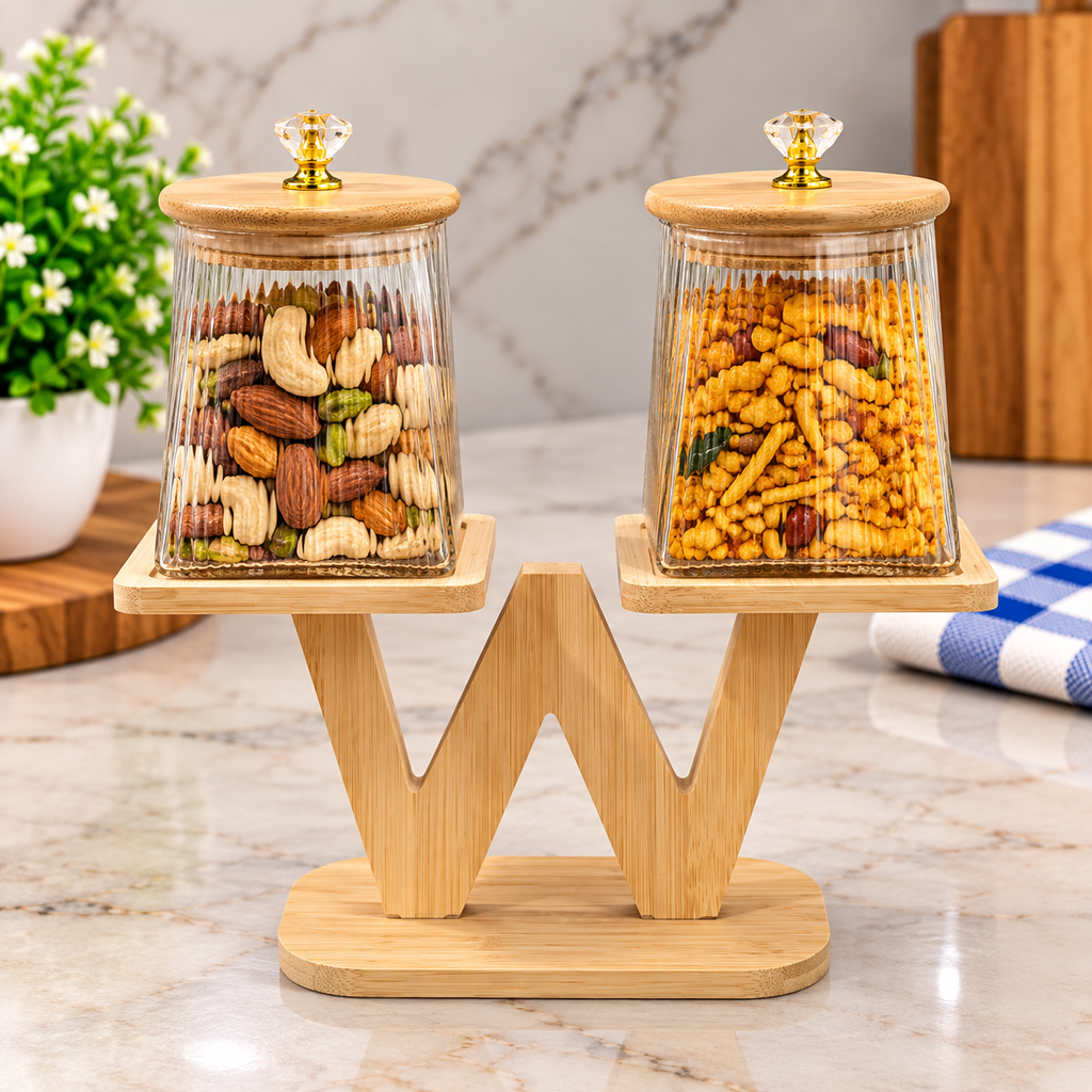 Barniwala Set of 2 Round Heaven & Square Earth Fluted Pattern Glass Storage Jars with Bamboo Lids & Crystal Knobs, Decorative Kitchen Containers for Dry Fruits, Nuts, Snacks & Spices