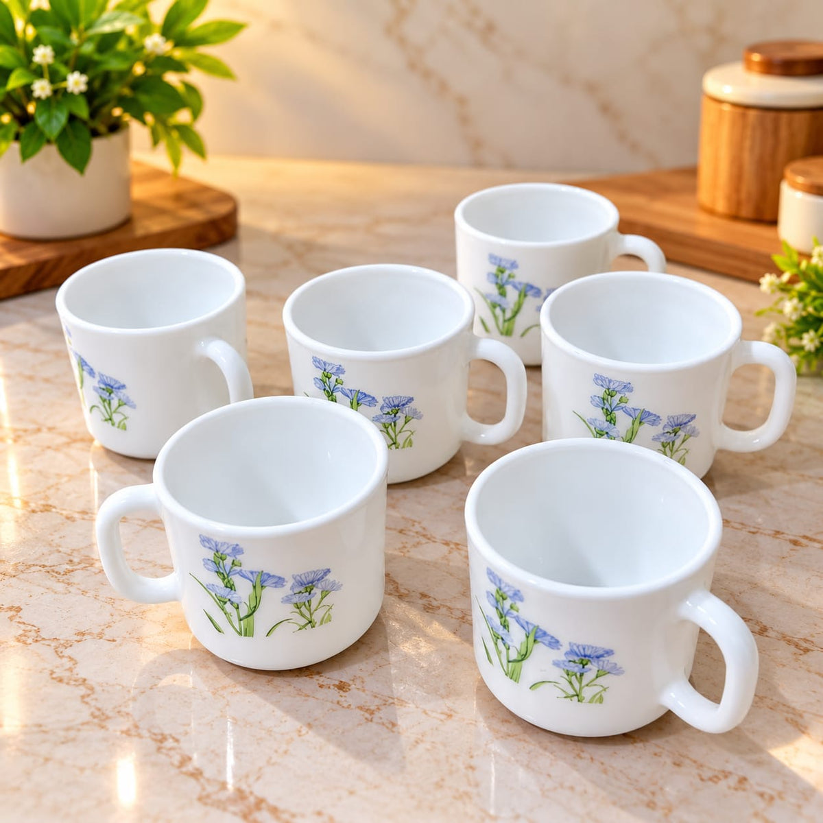 La Opala Blue Florets Cup Set of 6 | 120 ML Small Tea & Coffee Cups | Elegant Floral Printed Cups for Home, Office & Gifting