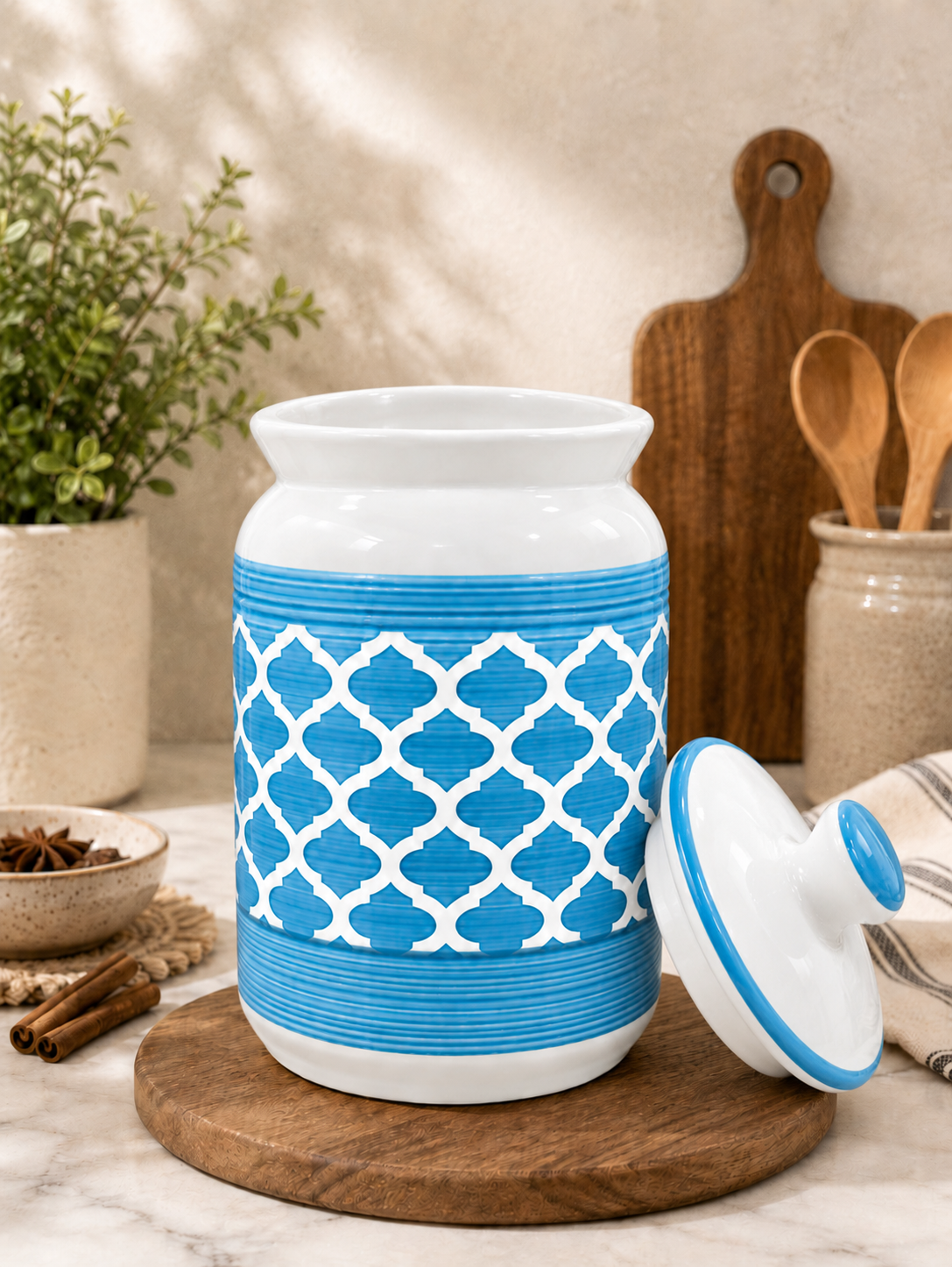 2000 ML Ceramic Storage Jar with Lid | Blue & White Decorative Cylindrical Kitchen Container | Airtight-Style Covered Canister for Dry Fruits, Spices, Tea, Coffee & Dry Food Storage