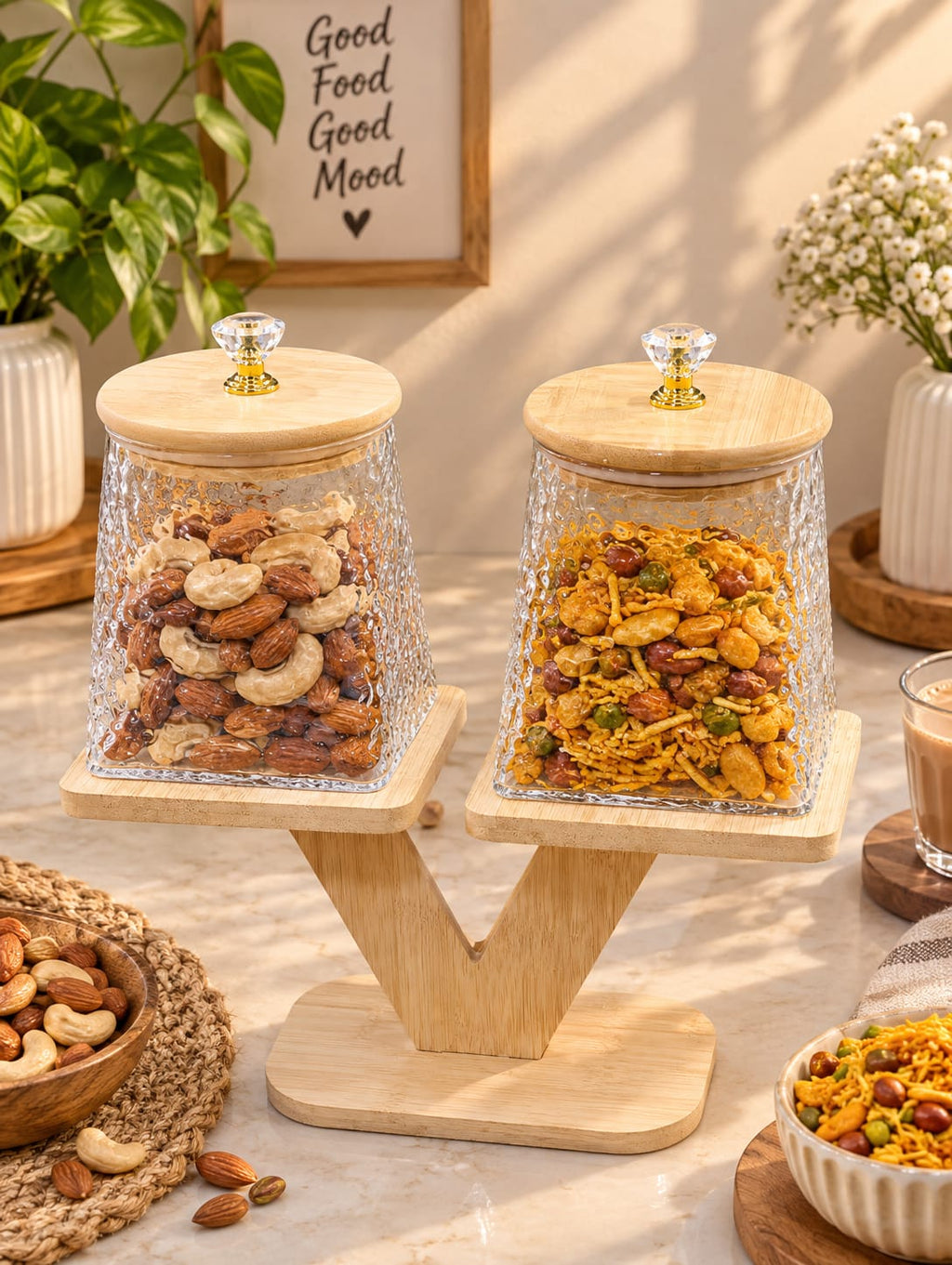 Barniwala Set of 2 Round Heaven & Square Earth Wavy Pattern Glass Storage Jars with Bamboo Lids & Crystal Knobs, Decorative Kitchen Containers for Dry Fruits, Nuts, Snacks & Spices