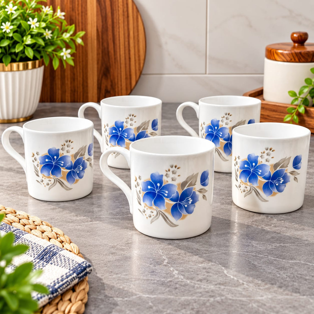 BHARAT Cup Set 6 Pcs King 180 ML | Stylish White Tea & Coffee Cups with Blue Floral Design | Premium Cup Set for Home, Office & Gifting
