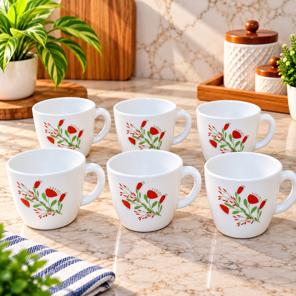 Cello Ricca Red Flora Look Cups Set of 6, 100 ml Each, White Cups with Red Floral Design, Tea Coffee Milk Serving Cups