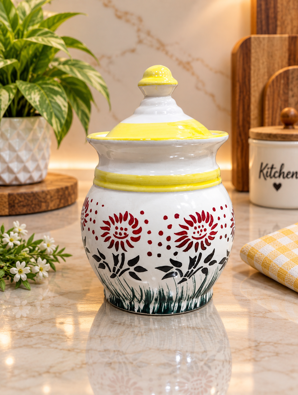 Barniwala 500 ML Ceramic Bulb Storage Jar with Lid | Decorative Kitchen Container for Pickle, Achar, Spices, Sugar, Tea, Coffee, Dry Fruits & Snacks | Stylish Food Storage Canister