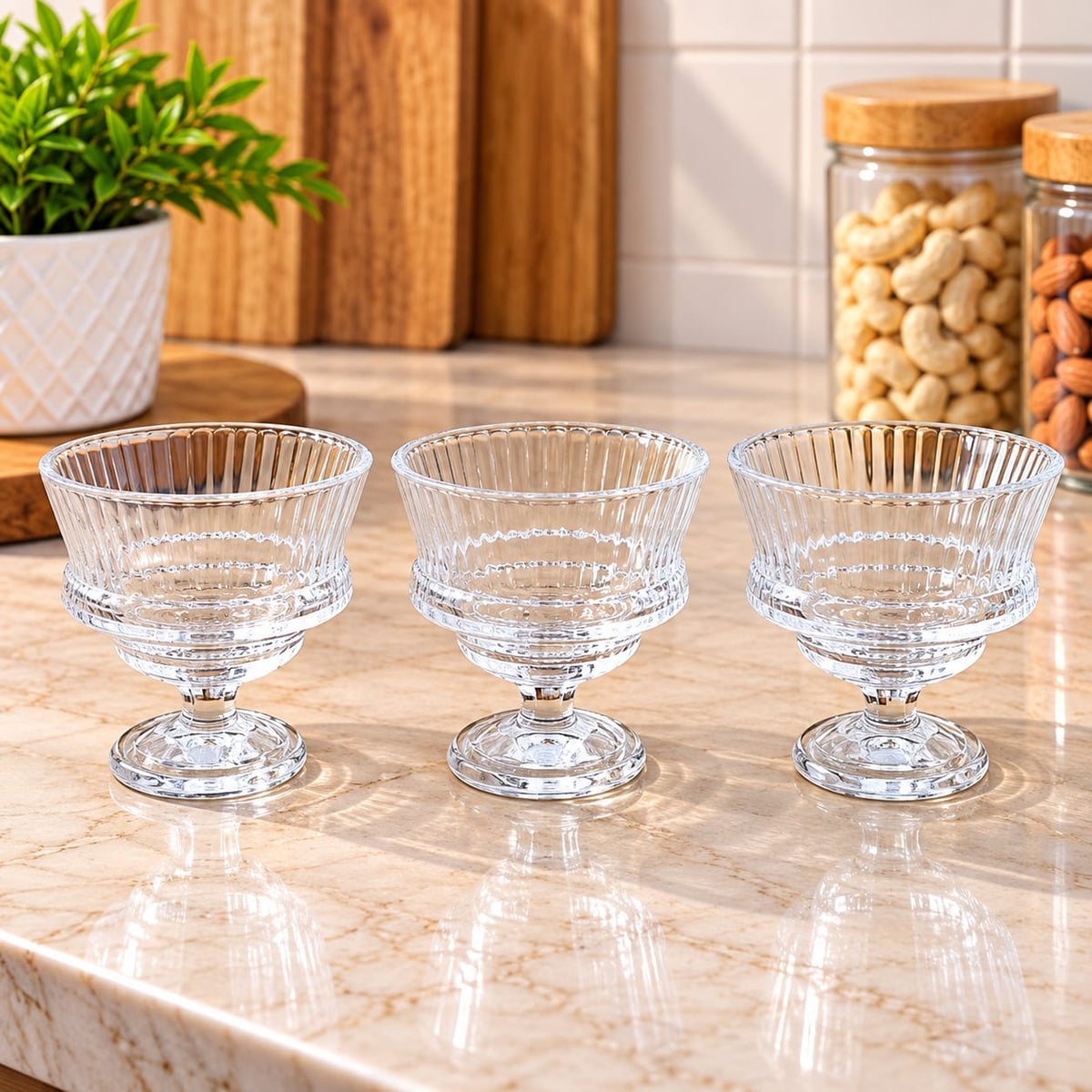 YUJING Glass Ware 260 ML Set of 3 | Premium Dessert Bowls with Footed Design | Transparent Glass Ice Cream Cups for Desserts, Pudding, Fruit, Custard & Snacks