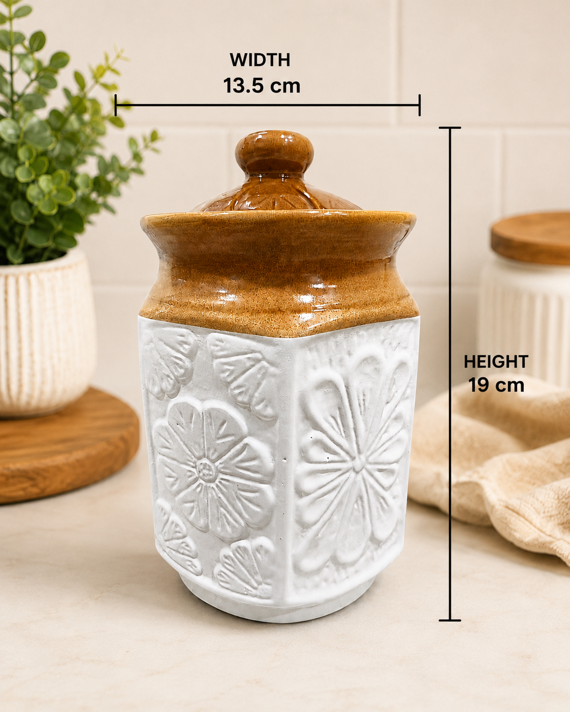 Barniwala 2000 ML Ceramic Carving Storage Jar with Lid | Premium Decorative Kitchen Container for Pickle, Achar, Spices, Sugar, Tea, Coffee, Dry Fruits & Snacks | Stylish Pantry Organizer & Food Storage Canister