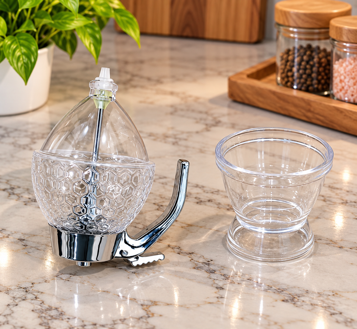 Honey Dispenser with Easy Press Handle, Plastic Honey Pump Dispenser with Honeycomb Design | No-Drip Honey & Syrup Dispenser Bottle for Kitchen, Breakfast, Pancakes, Waffles & Desserts