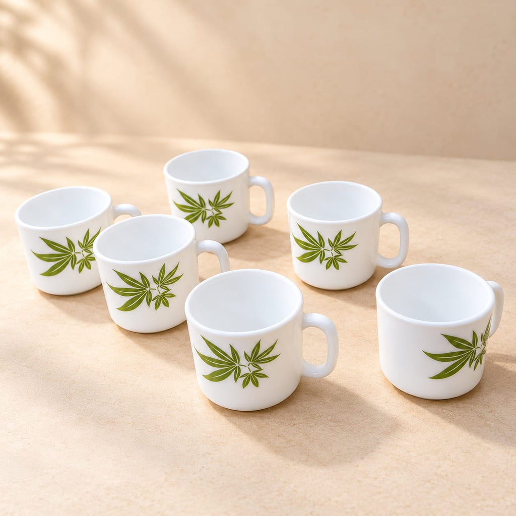 La Opala Trinity Green Cup Set of 6 | 120 ML Premium Opalware Tea & Coffee Cups | Elegant Green Leaf Design | Lightweight, Stylish & Durable Cups for Home and Office