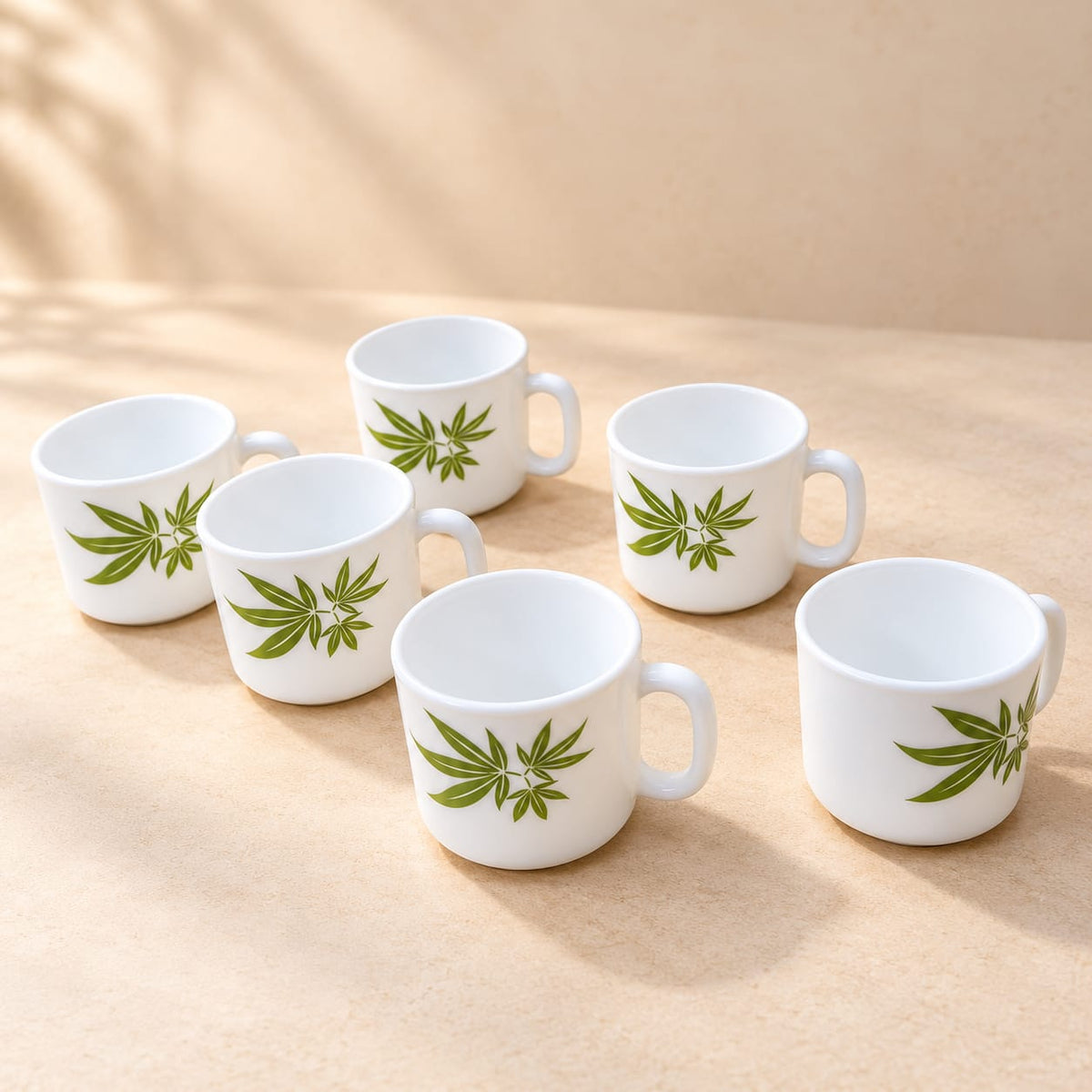 La Opala Trinity Green Cup Set of 6 | 120 ML Premium Opalware Tea & Coffee Cups | Elegant Green Leaf Design | Lightweight, Stylish & Durable Cups for Home and Office