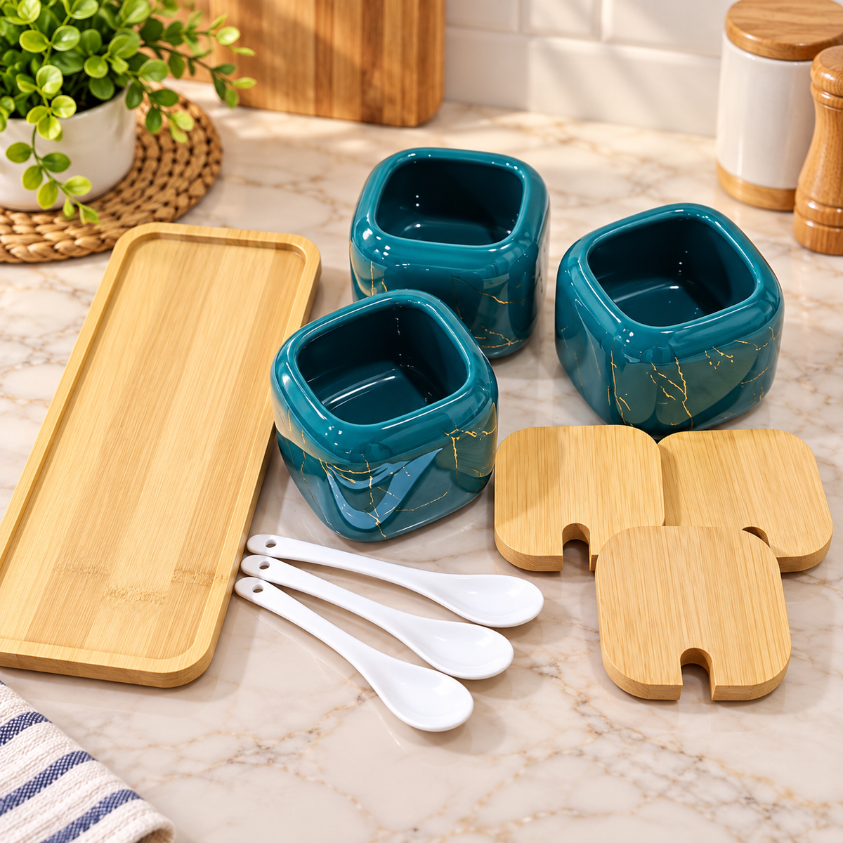 Barniwala Green Ceramic Spice Jar Set of 3 with Bamboo Lids & Serving Spoons | Premium Kitchen Masala Storage Containers | Stylish Spice Jars for Salt, Pepper, Turmeric, Chilli, Herbs & Seasonings