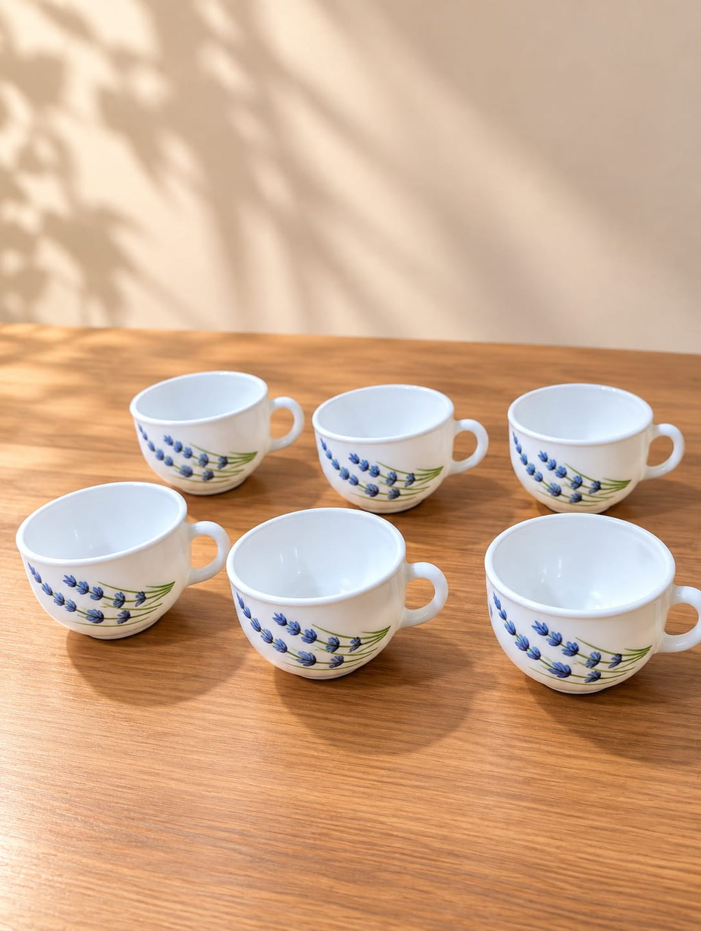 La Opala English Lavender Cups Set of 6, 100 ml | Elegant White Ceramic Cups with Blue Lavender Floral Design | Tea, Coffee & Serving Cups