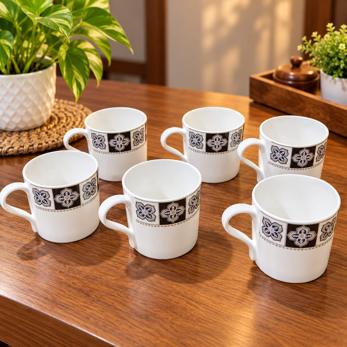 BHARTA Cup Set of 6, King Platina Series, 180 ML Tea & Coffee Cups, Elegant Printed Design, White Cups for Home, Kitchen & Office