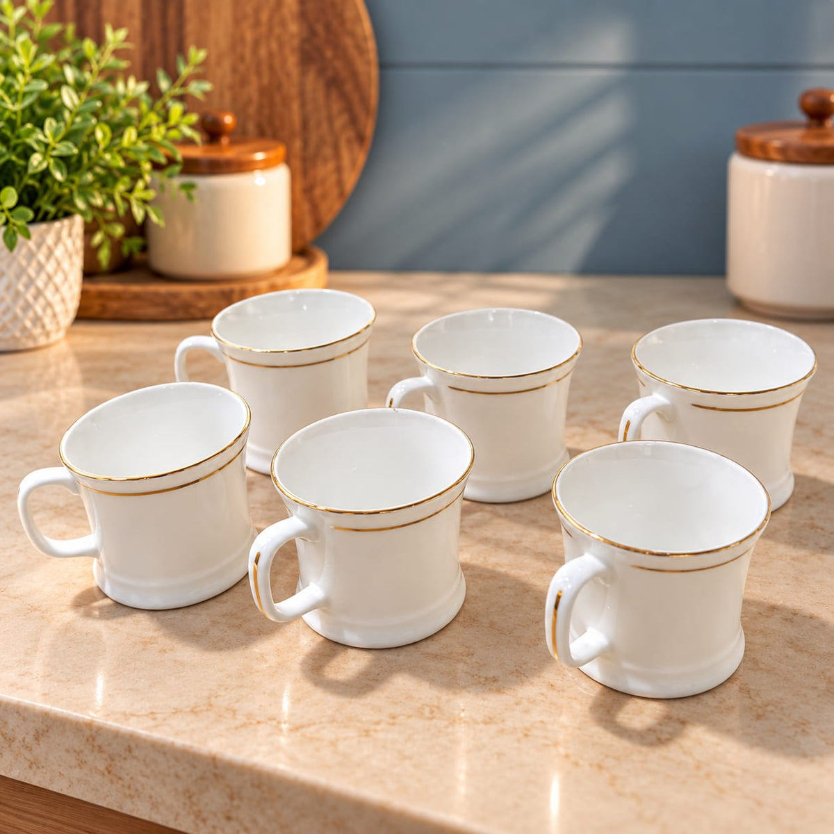 BHARAT NOVA Small Cup Set of 6 | 165 ML White Tea & Coffee Cups | Elegant Gold Rim | Stylish Cups for Home & Office