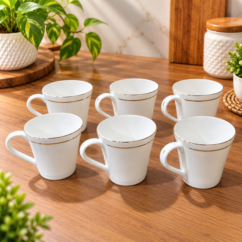 BHARTA Pari Small Cup Set of 6 | 180 ML Tea & Coffee Cups with Elegant Gold Line | Stylish Beverage Cups for Home, Office & Dining