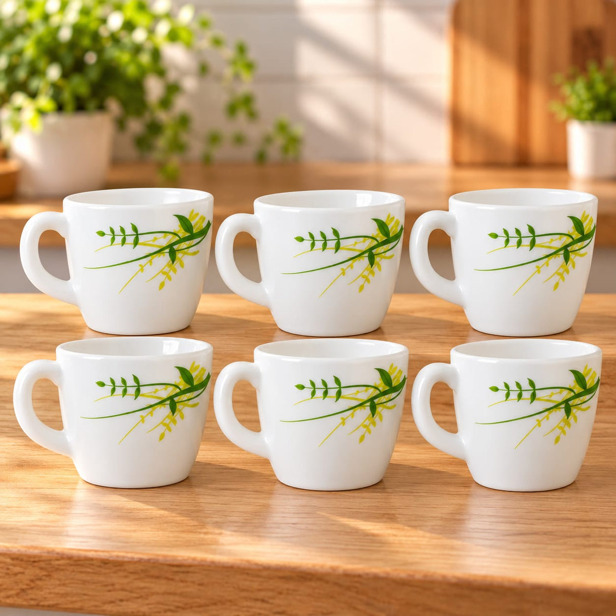 LARAH Green Herbs Cup Set of 6 | 100 ML Small  Coffee & Tea Cups | White Cups with Green & Yellow Leaf Design | Elegant Tea Cups for Home, Office & Gifting