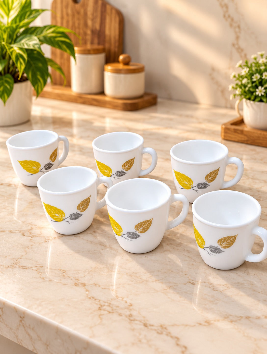 Cello Ricca Autumn Leaf Look Cup Set, 6 Pieces, 100 ml Each, White Cups with Elegant Autumn Leaf Design for Tea, Coffee and Daily Use