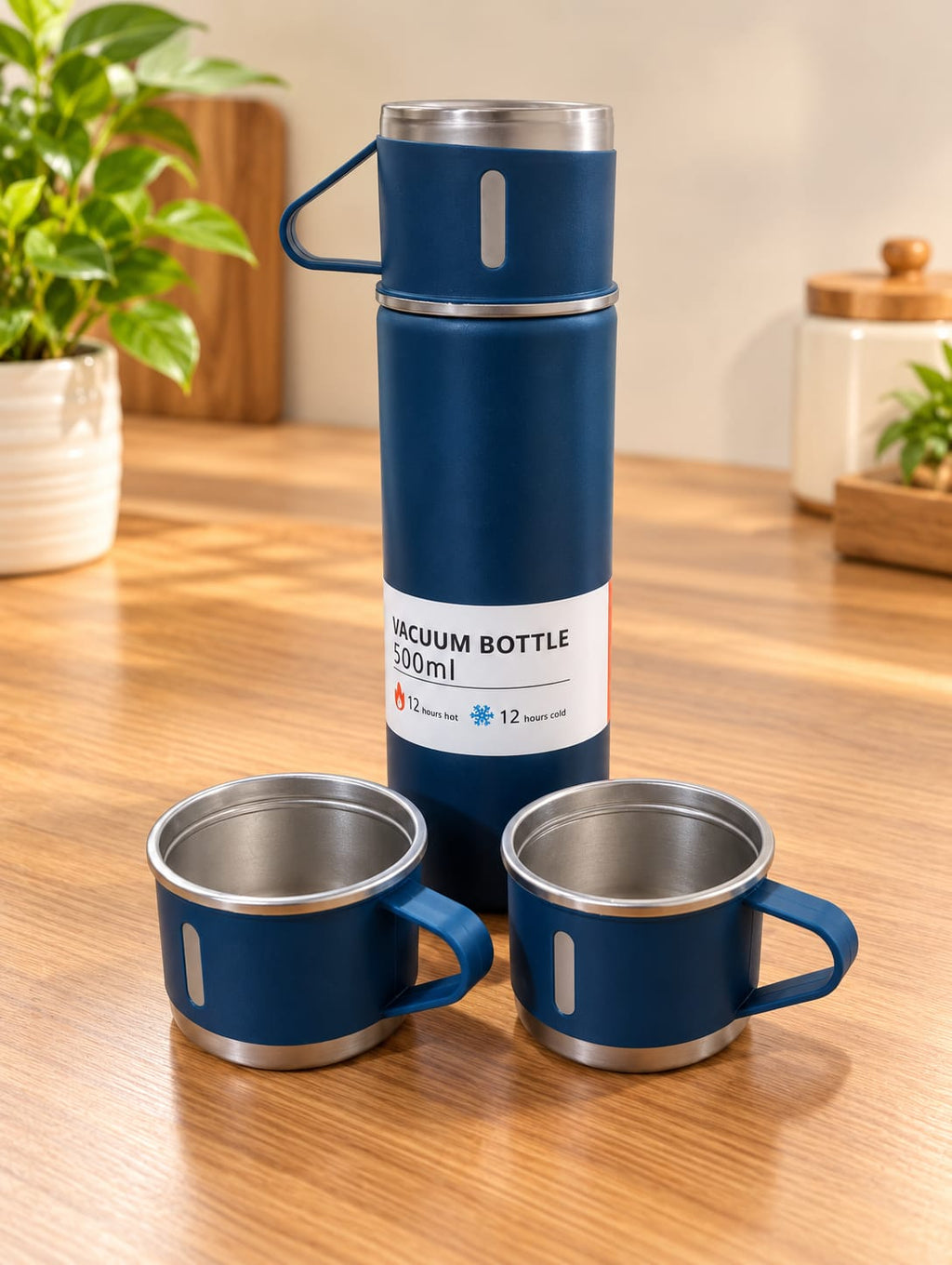 Vacuum Flask Set 500ML with 3 Stainless Steel Cups | Double Wall Insulated Thermos Bottle Set | Hot & Cold Water Flask for Home, Office & Travel