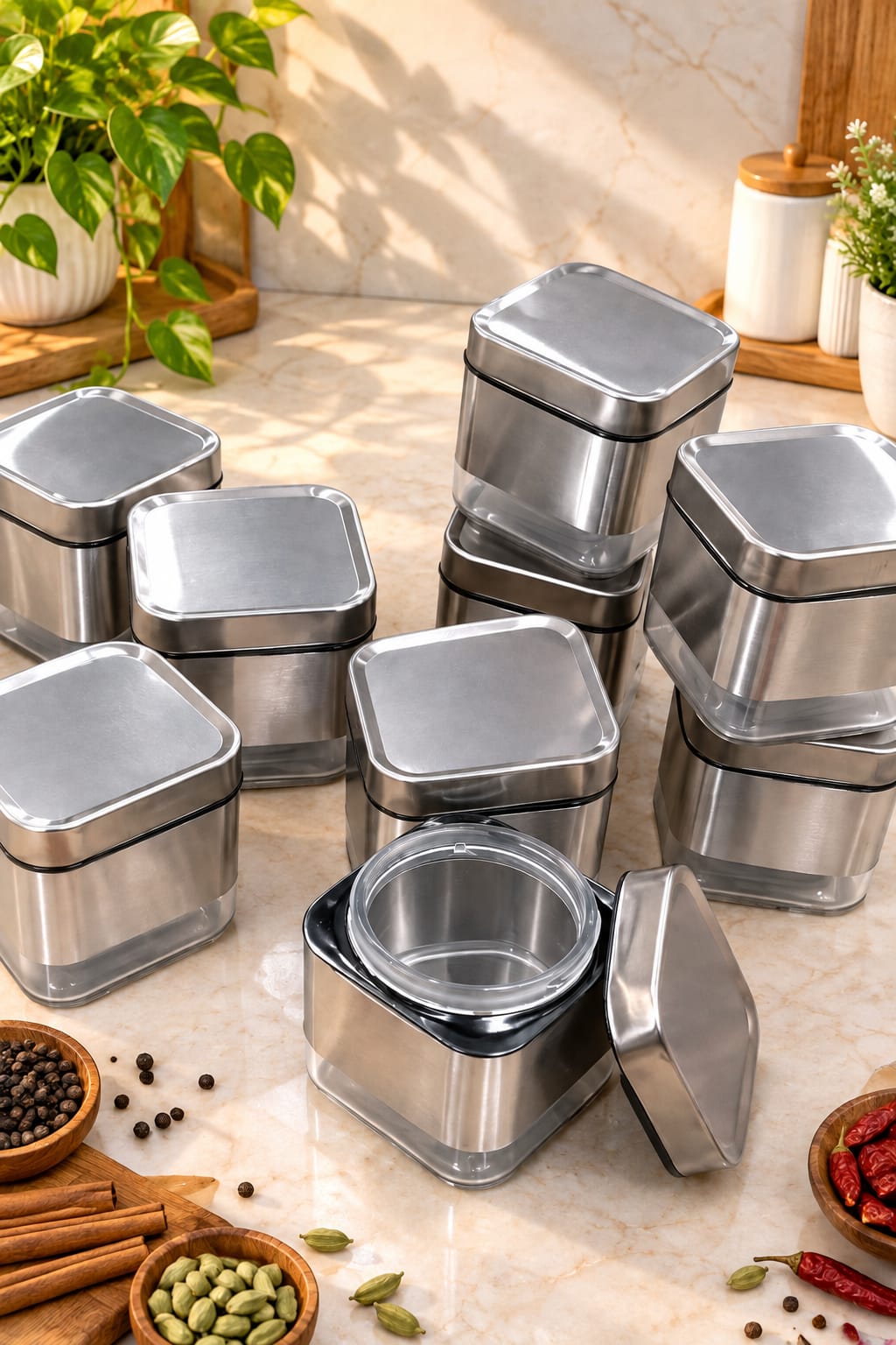 Barniwala 9 Pcs Steel & Glass Canister Set with Lids | Premium Kitchen Storage Containers for Tea, Coffee, Sugar, Spices, Dry Fruits, Pulses & Snacks | Modern Pantry Organizer